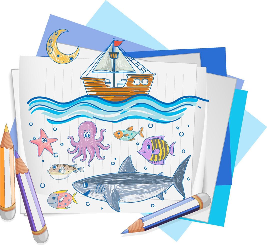 animali marini doodle disegnati a mano per bambini vettore