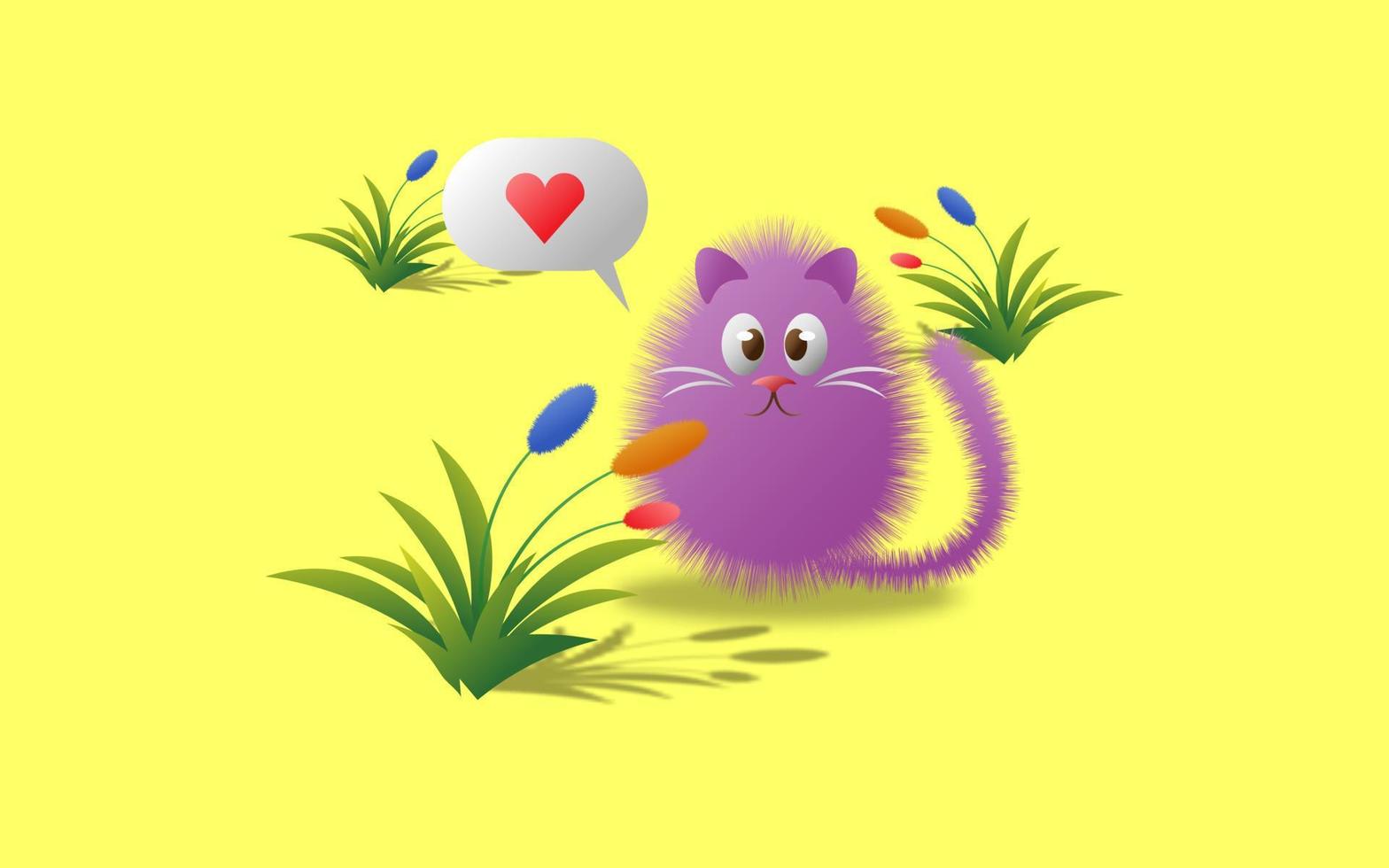Illustrazione 3d del simpatico personaggio del gatto viola che gioca tra la pianta di erba gatta e il richiamo del segno d'amore in giallo vettore