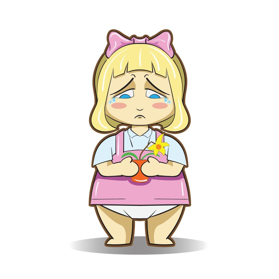 adorabile bambina triste in abito rosa cartone animato stile chibi bambini illustrazione isolata su bianco vettore