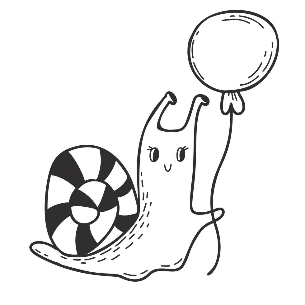 lumaca carina con un palloncino. doodle disegnato a mano lineare. divertente mollusco-lumaca. illustrazione vettoriale. vettore