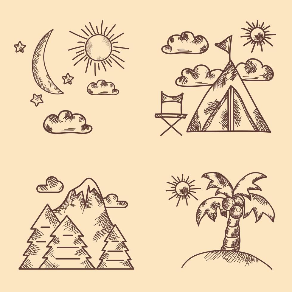 set di icone disegnate a mano. Vintage ▾. tipi di ricreazione, natura, palma, montagna. raccolta di immagini vettoriali. disegno a mano, linea e ombreggiatura vettore