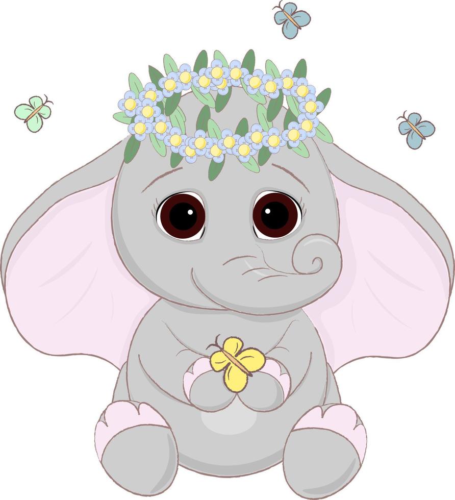 simpatico elefante con fiori e farfalle vettore