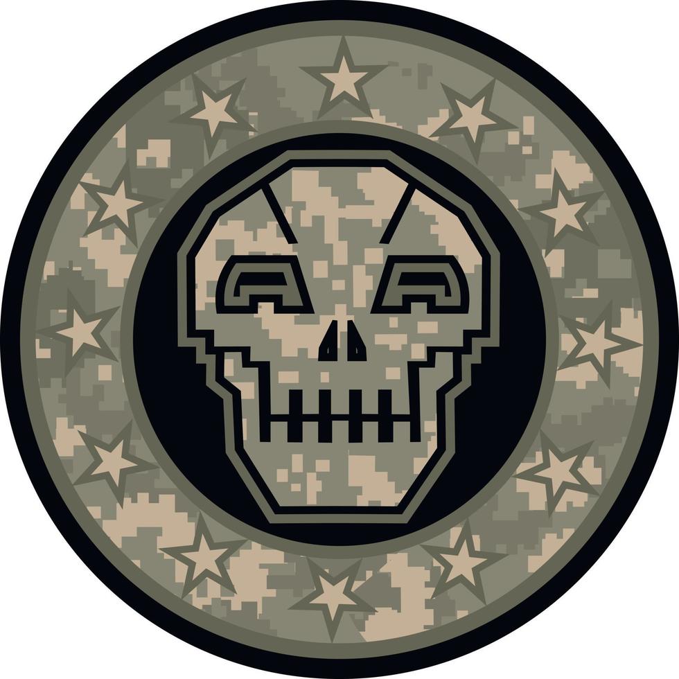 emblema militare con teschio e camouflage, magliette dal design vintage grunge vettore
