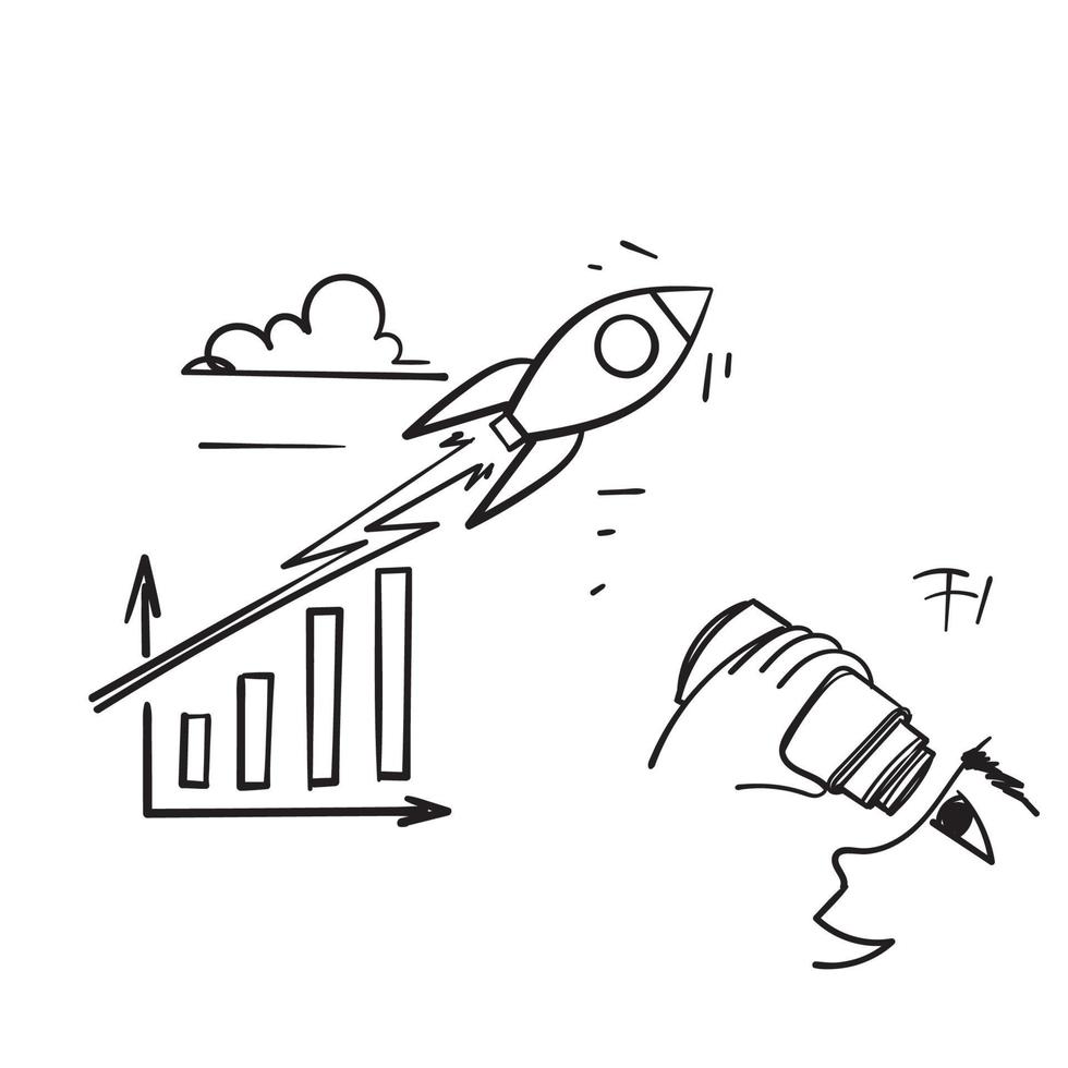 doodle disegnato a mano persone che guardano attraverso il binocolo grafico esponenziale dal vettore di illustrazione del razzo volante