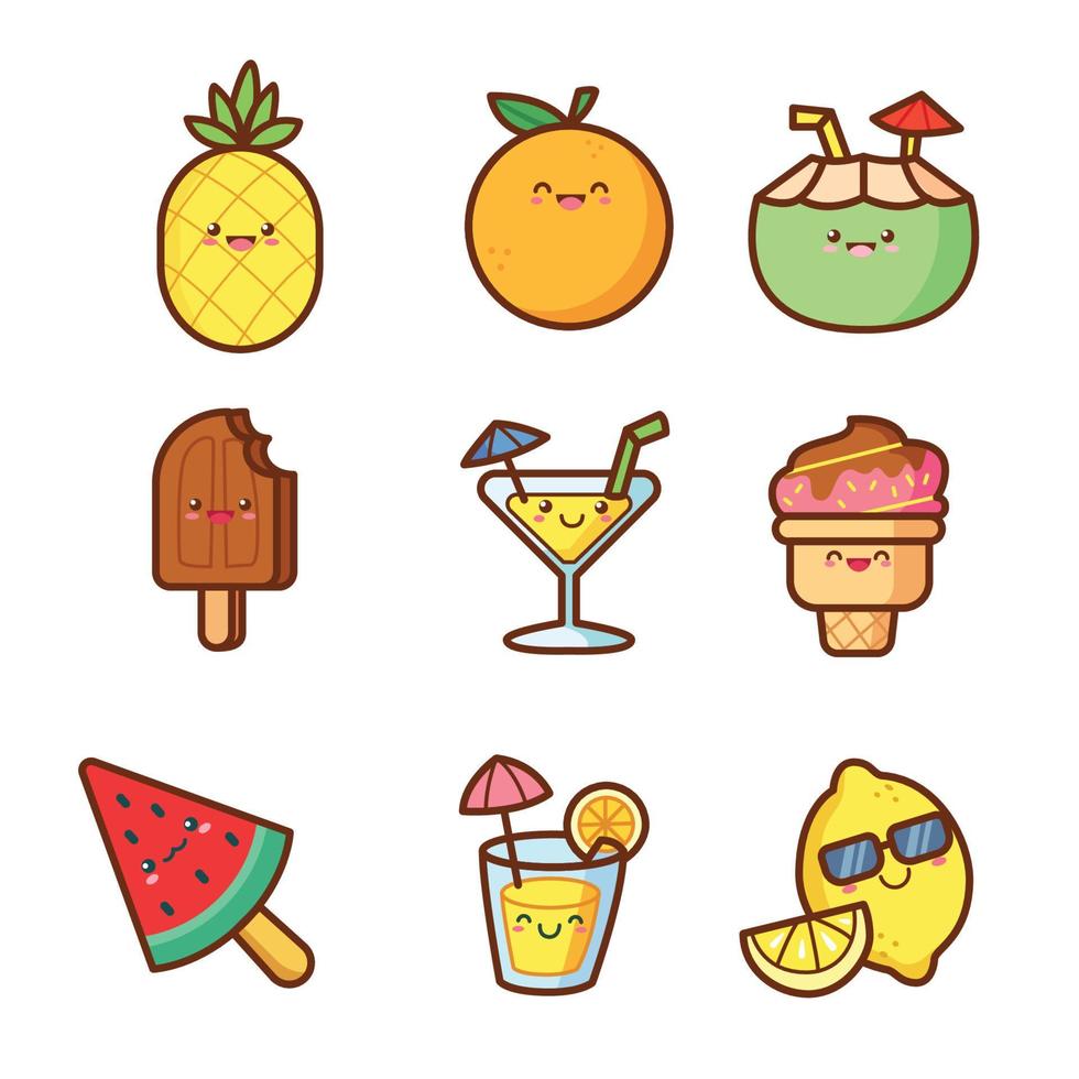 elementi dell'illustrazione di stile comico della frutta del dessert sveglio di emoji del fumetto vettore