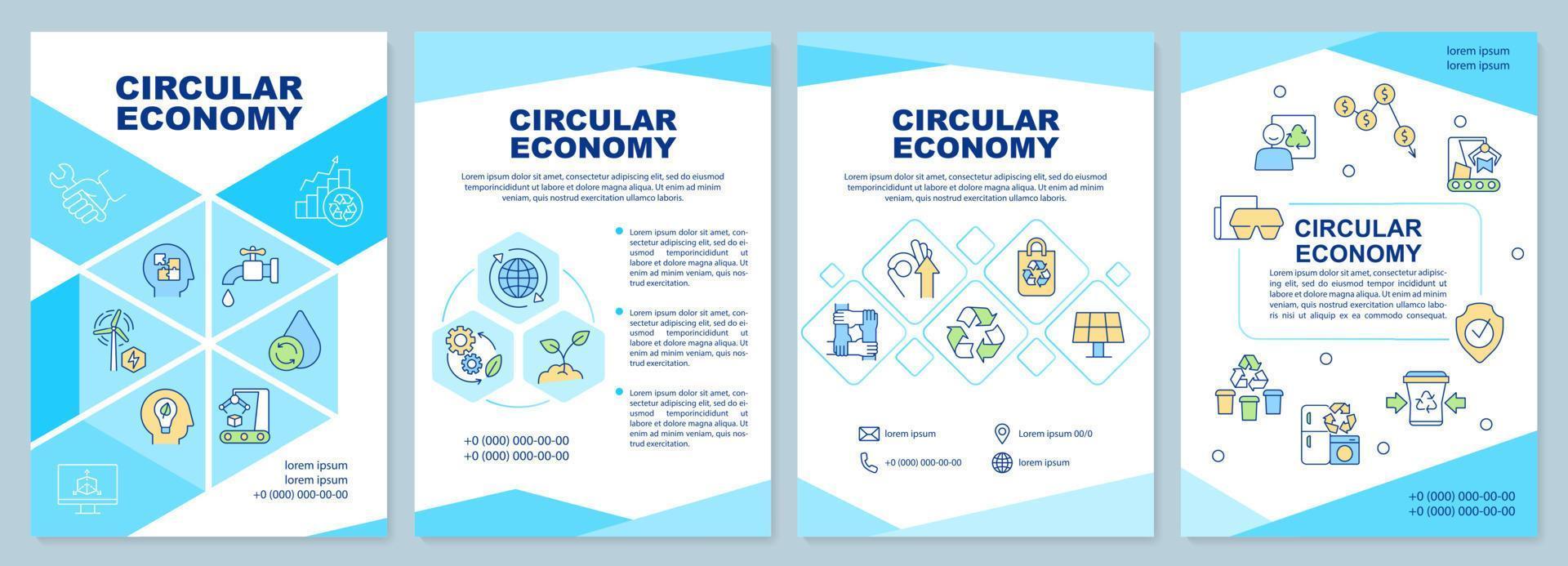 modello di brochure turchese economia circolare. utilizzo delle risorse naturali. design volantino con icone lineari. 4 layout vettoriali per la presentazione, relazioni annuali.