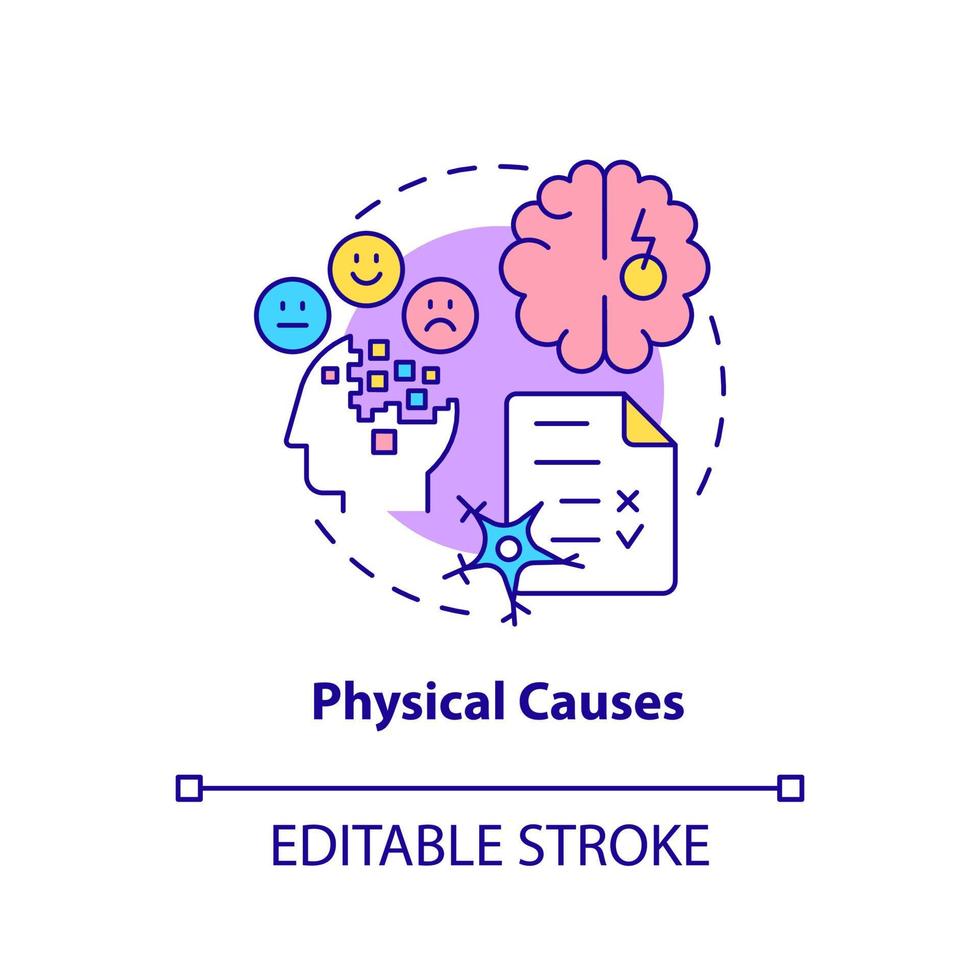 icona del concetto di cause fisiche. lesione cerebrale e difetto. il disturbo della condotta provoca l'illustrazione della linea sottile dell'idea astratta. disegno di contorno isolato. tratto modificabile. vettore