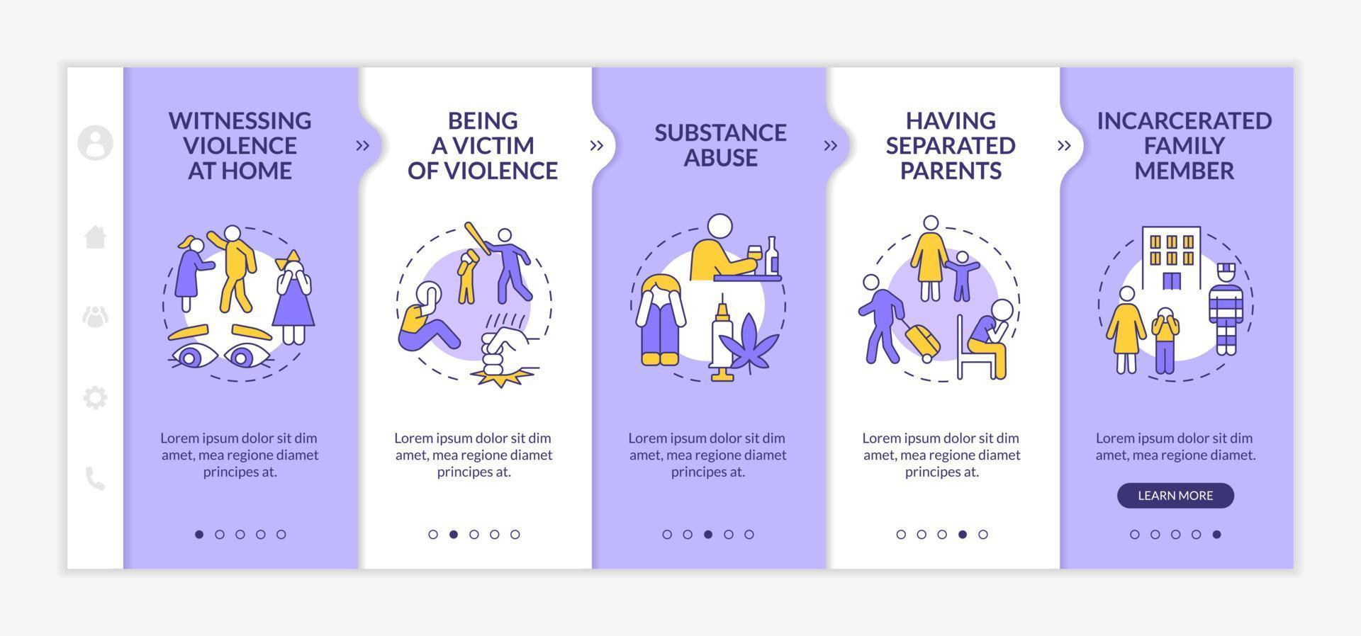 modello di onboarding viola e bianco sopravvissuti al trauma infantile. sito Web mobile reattivo con icone concettuali lineari. procedura dettagliata della pagina web in 5 schermate. vettore