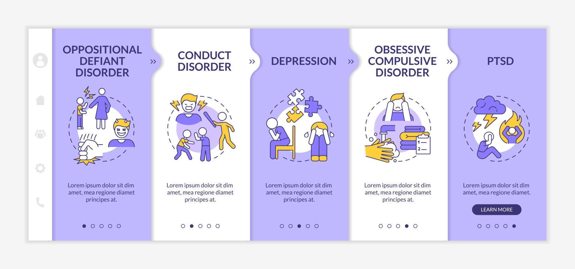 malattie mentali nei bambini modello di onboarding viola e bianco. sito Web mobile reattivo con icone concettuali lineari. procedura dettagliata della pagina web in 5 schermate. vettore