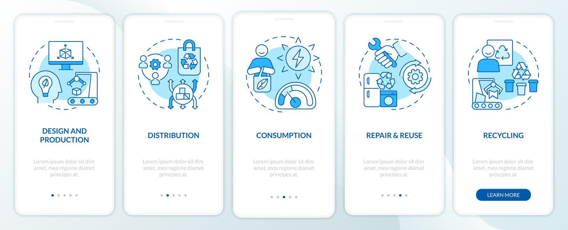 passaggi per la schermata dell'app mobile per l'onboarding blu dell'economia circolare. consumo walkthrough 5 passi istruzioni grafiche pagine con concetti lineari. ui, ux, modello gui. vettore