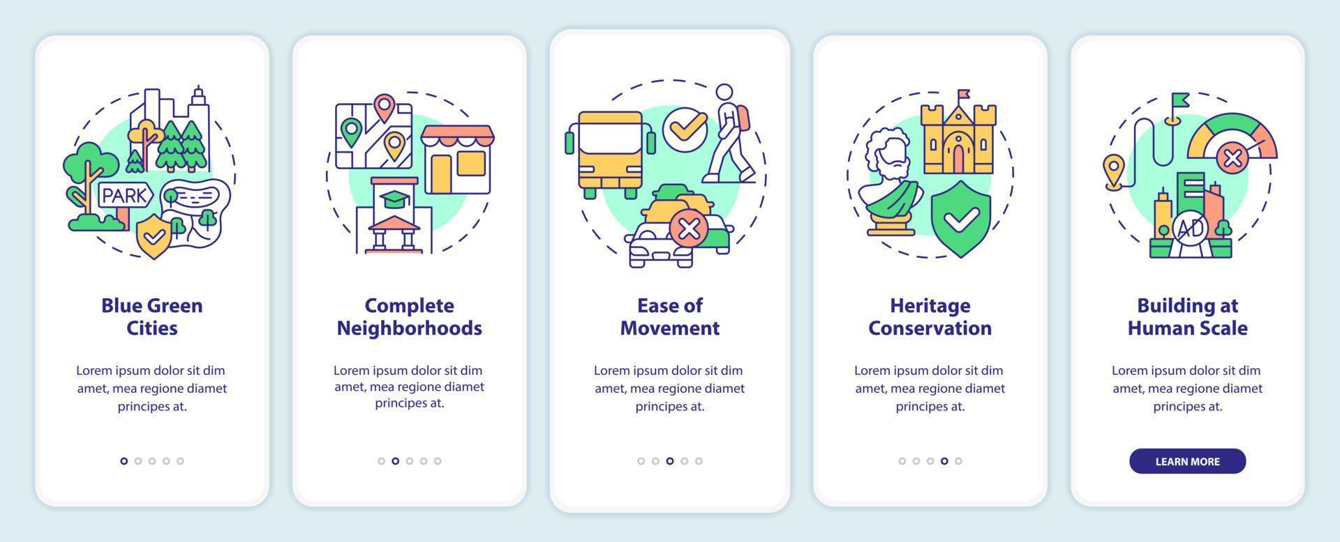 principi di progettazione urbana onboarding dello schermo dell'app mobile. guida allo sviluppo della città pagine di istruzioni grafiche in 5 passaggi con concetti lineari. ui, ux, modello gui. vettore