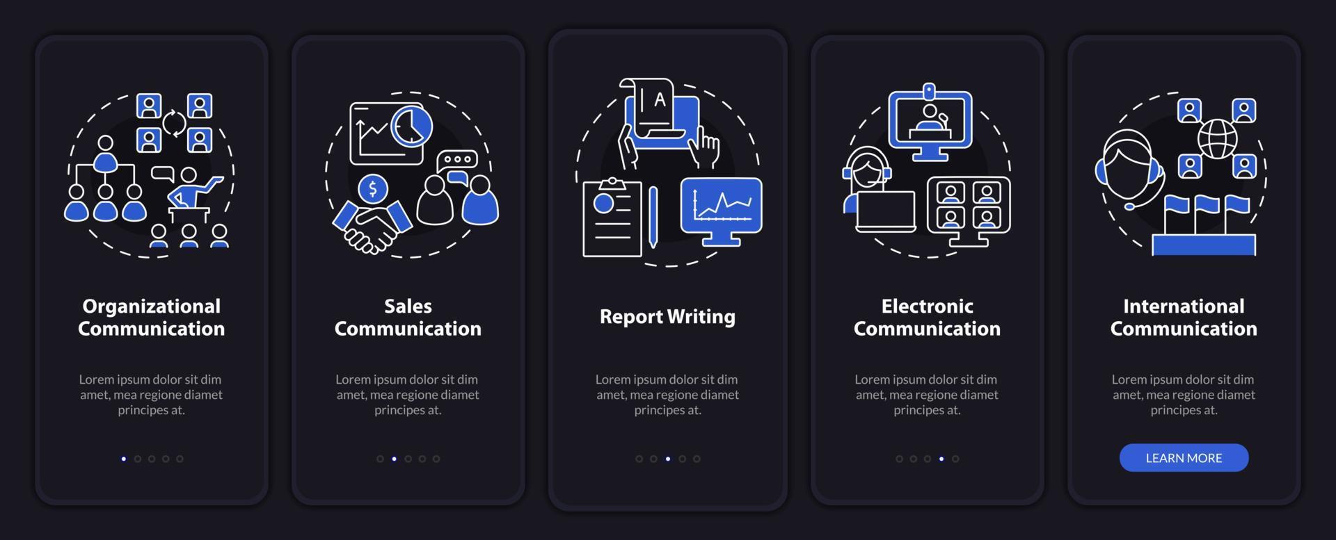 moduli di comunicazione professionale modalità notturna onboarding schermo dell'app mobile. procedura dettagliata 5 passaggi pagine di istruzioni grafiche con concetti lineari. ui, ux, modello gui. vettore