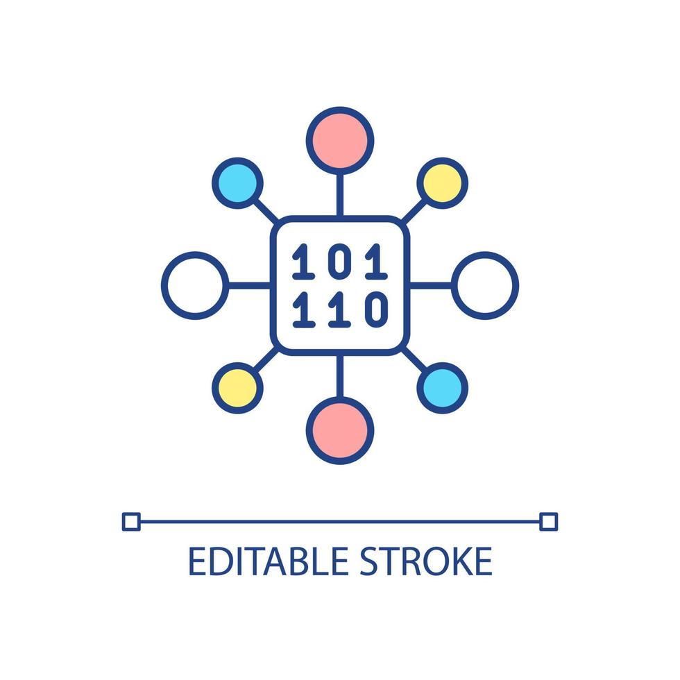 crittografia dei dati collegati icona colore rgb. codice binario per le informazioni di programmazione. sistema decentralizzato. illustrazione vettoriale isolata. semplice disegno a tratteggio pieno. tratto modificabile.