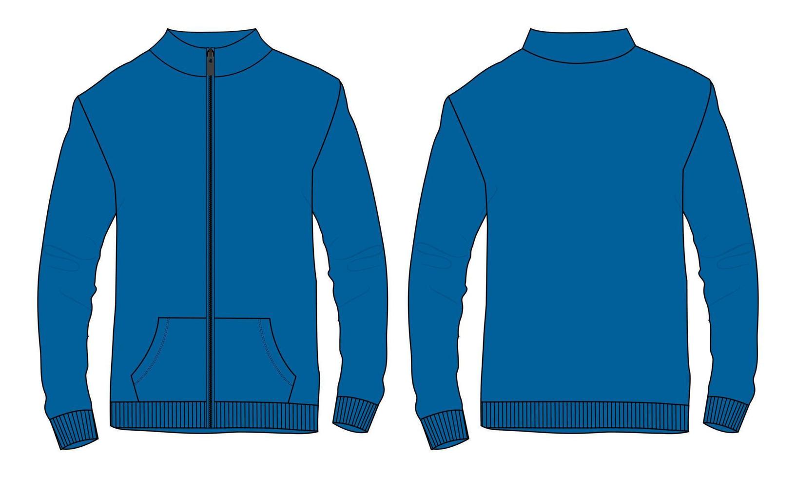 giacca a maniche lunghe tecnica moda schizzo piatto illustrazione vettoriale modello di colore blu viste anteriore e posteriore. bomber mock up cad facile da modificare e personalizzabile.