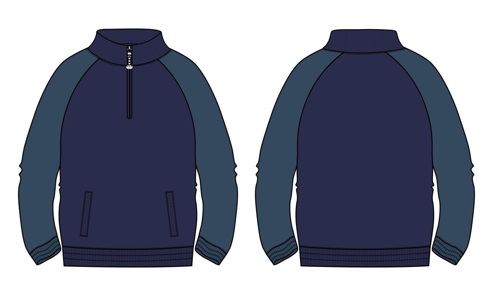 giacca a maniche lunghe di colore blu navy a due toni con tasca e cerniera tecnica moda disegno piatto illustrazione vettoriale modello vista anteriore e posteriore. giacca felpa in jersey di pile per uomo e bambino