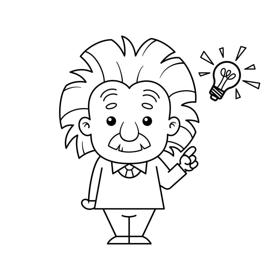 il personaggio dei cartoni animati di Albert Einstein in bianco e nero ha un'idea vettore