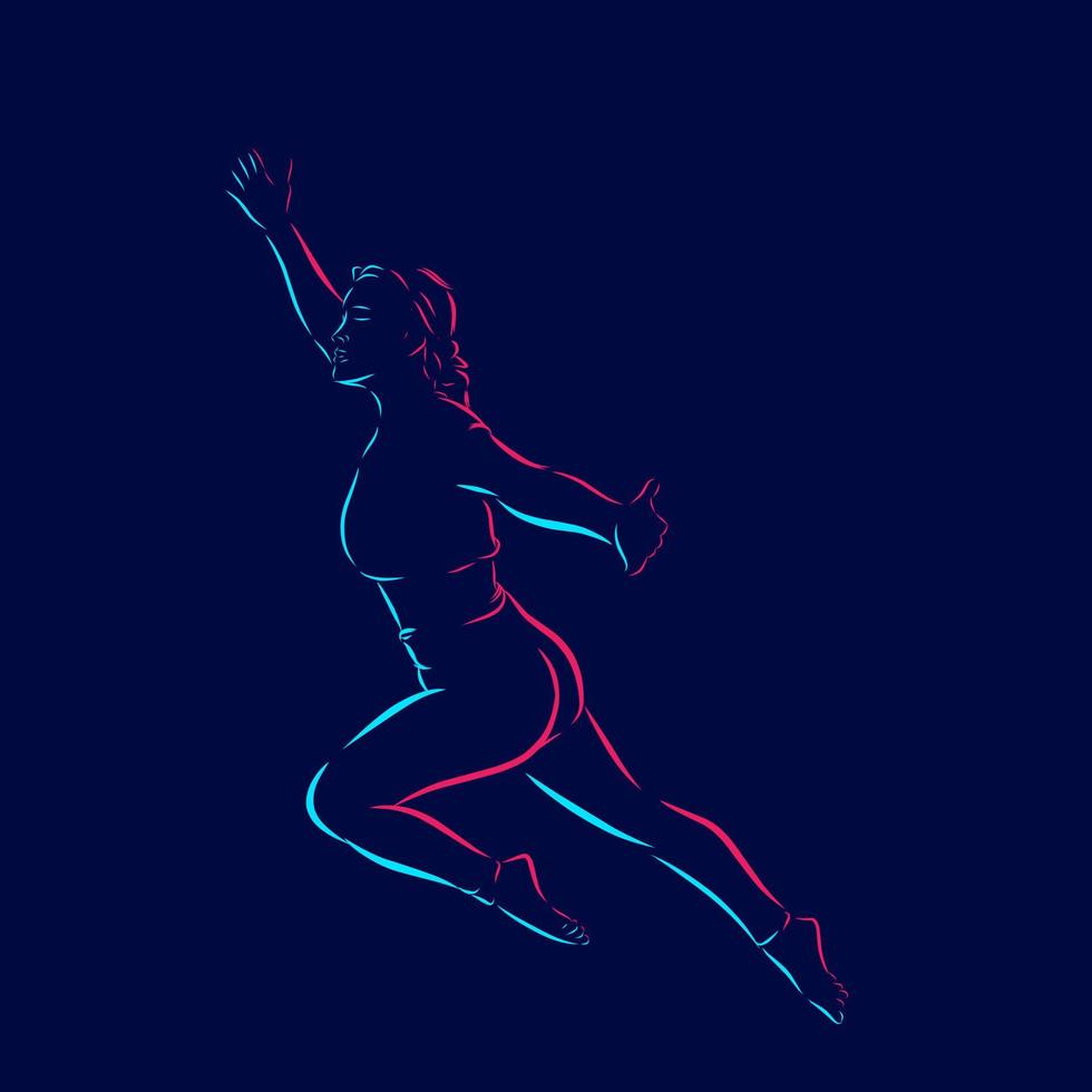 Flying Woman line pop art potrait logo design colorato con sfondo scuro. illustrazione vettoriale astratta. sfondo nero isolato per t-shirt