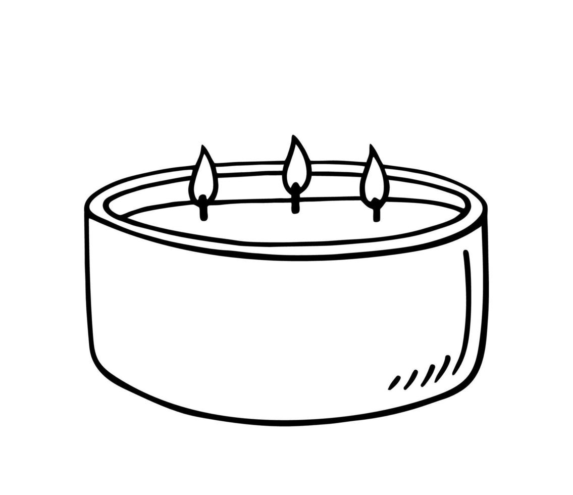 candela aromatica bruciante con tre stoppini isolati su sfondo bianco. illustrazione disegnata a mano di vettore in stile doodle. aromaterapia, elemento di design relax. adatto per carte, logo, decorazioni.