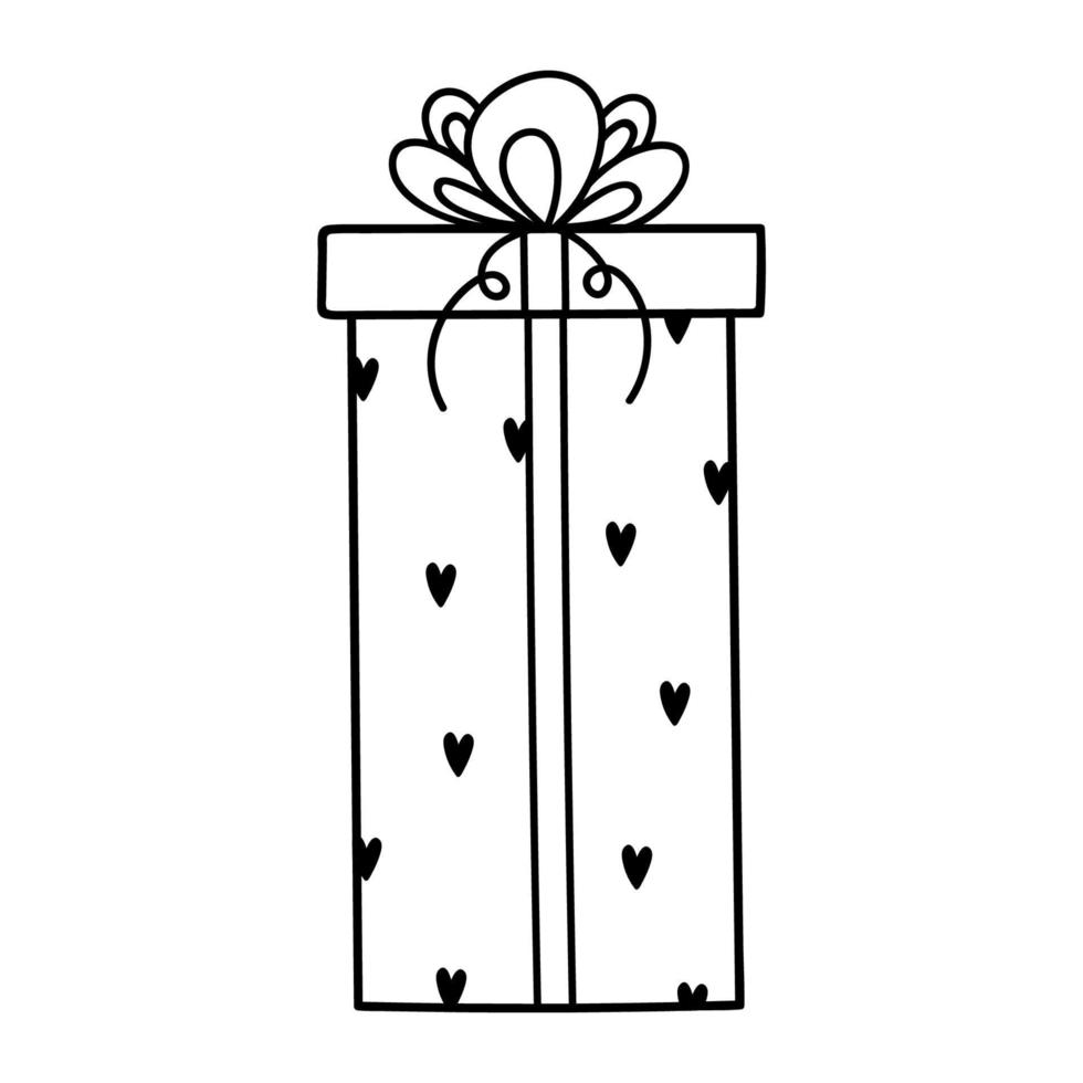 regalo carino legato con un nastro festivo con un fiocco isolato su sfondo bianco. illustrazione disegnata a mano di vettore in stile doodle. perfetto per i disegni, le carte, le decorazioni, il logo delle vacanze e di San Valentino.