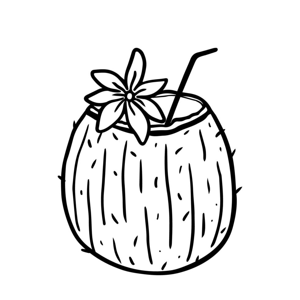 cocktail al cocco con una cannuccia decorata con un fiore. bevanda tropicale estiva isolata su sfondo bianco. illustrazione disegnata a mano di vettore in stile doodle. perfetto per il tuo progetto, carte, decorazioni.