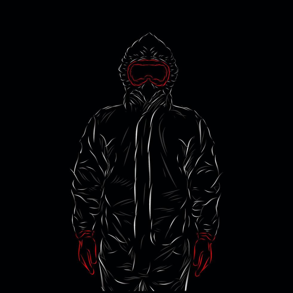hazmat gas medical suit line pop art potrait logo design colorato con sfondo scuro. sfondo nero isolato per t-shirt vettore