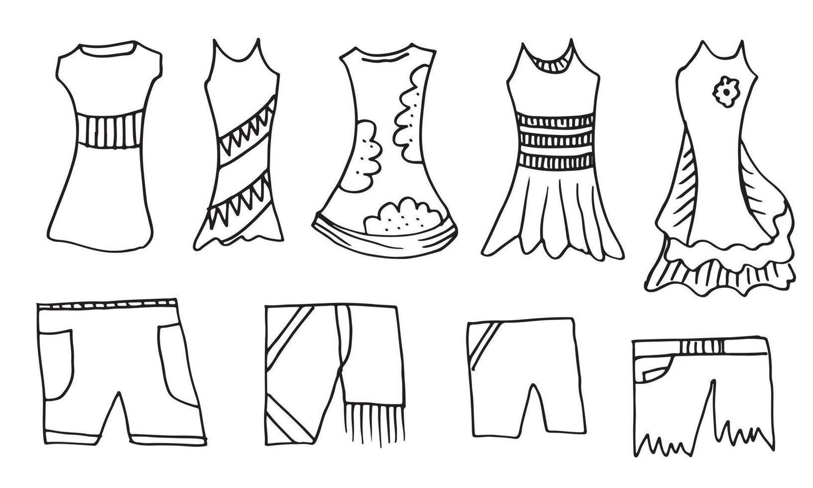 doodle disegno a mano con vestiti per bambini. illustrazione vettoriale di linee e pagine da colorare per bambini