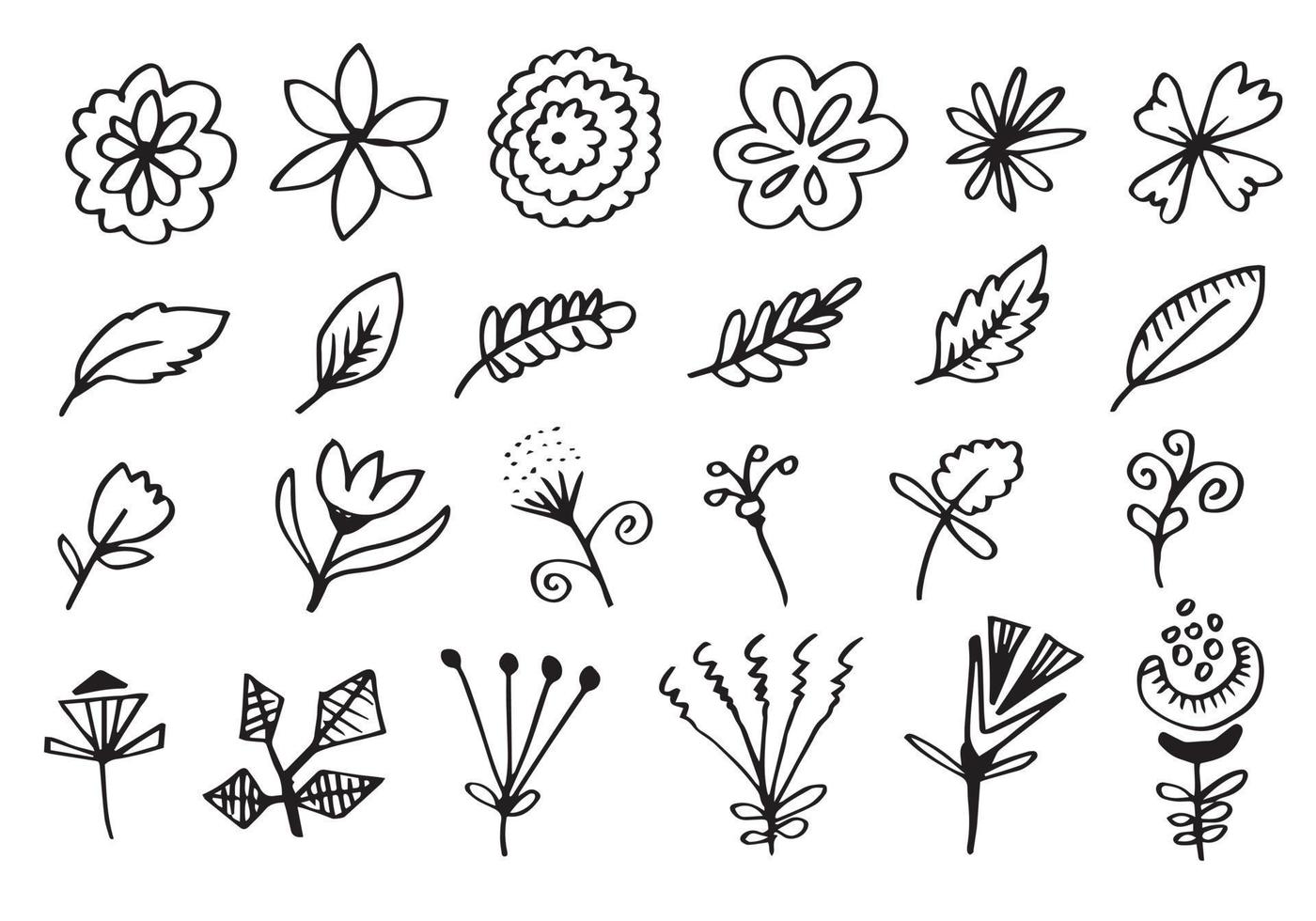 una raccolta di immagini di fiori disegnati a mano come campanule, crisantemi, girasoli, fiori di cotone e foglie tropicali vettore