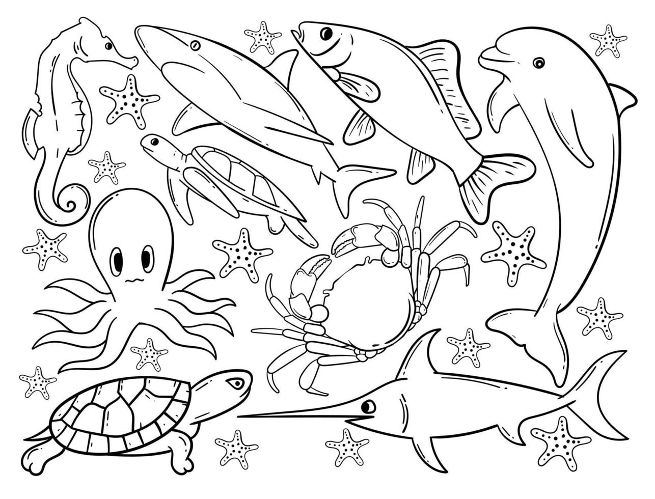 elementi disegnati a mano animali marini doodle per adesivo ecc vettore