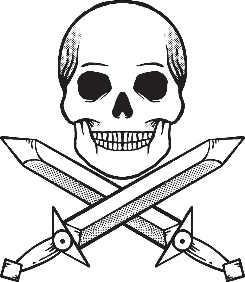 le spade del cranio disegnate a mano scarabocchiano l'illustrazione per il poster degli adesivi del tatuaggio ecc vettore