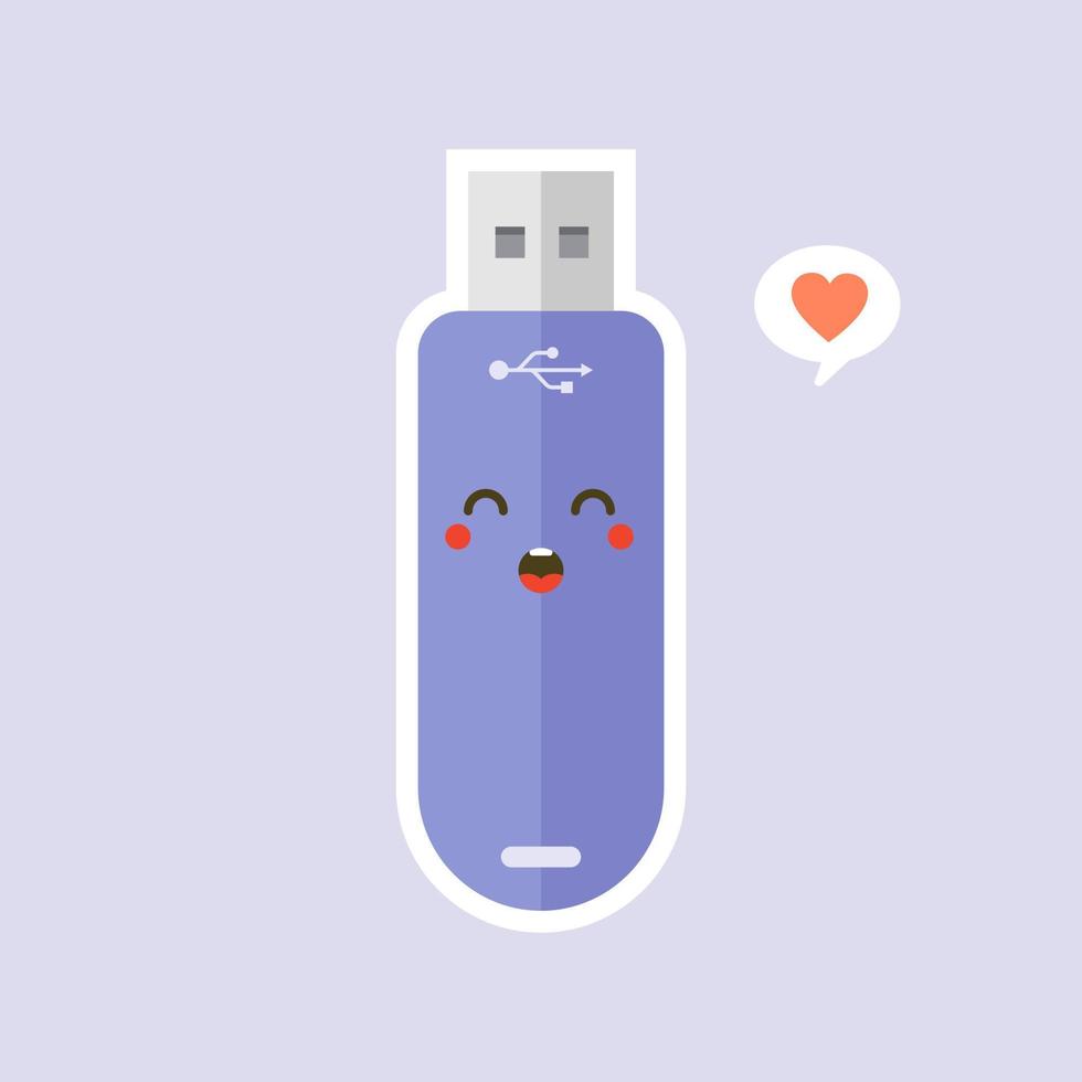 Kawaii e icona dell'unità flash USB carina isolata su sfondo colorato. icona della memory stick in stile piatto. personaggio del disco flash con l'espressione del viso. può utilizzare per tecnologia, mascotte, elemento, sito Web, icona vettore