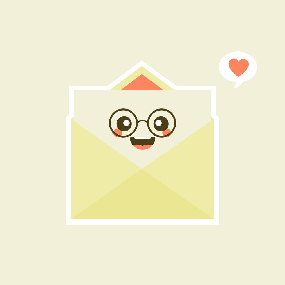 carino e kawaii sorridente busta felice, lettera di carta. vettore piatto personaggio dei cartoni animati illustration.isolated su sfondo bianco. concetto di carattere busta. lettera d'amore per San Valentino