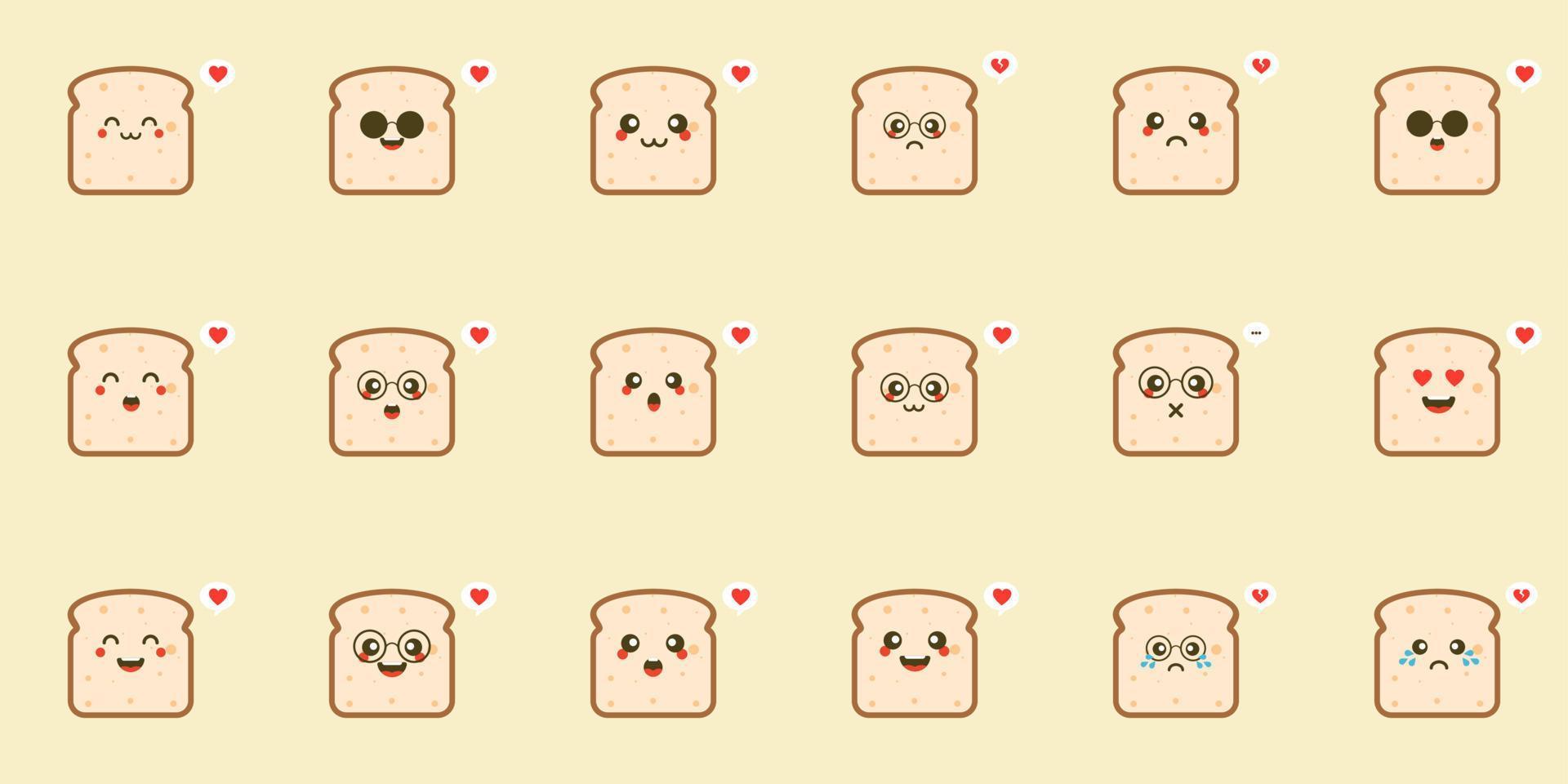 fette di pane simpatico cartone animato con facce kawaii. toast di segale bianco e marrone. illustrazione di stile vettoriale piatto di carattere semplice.