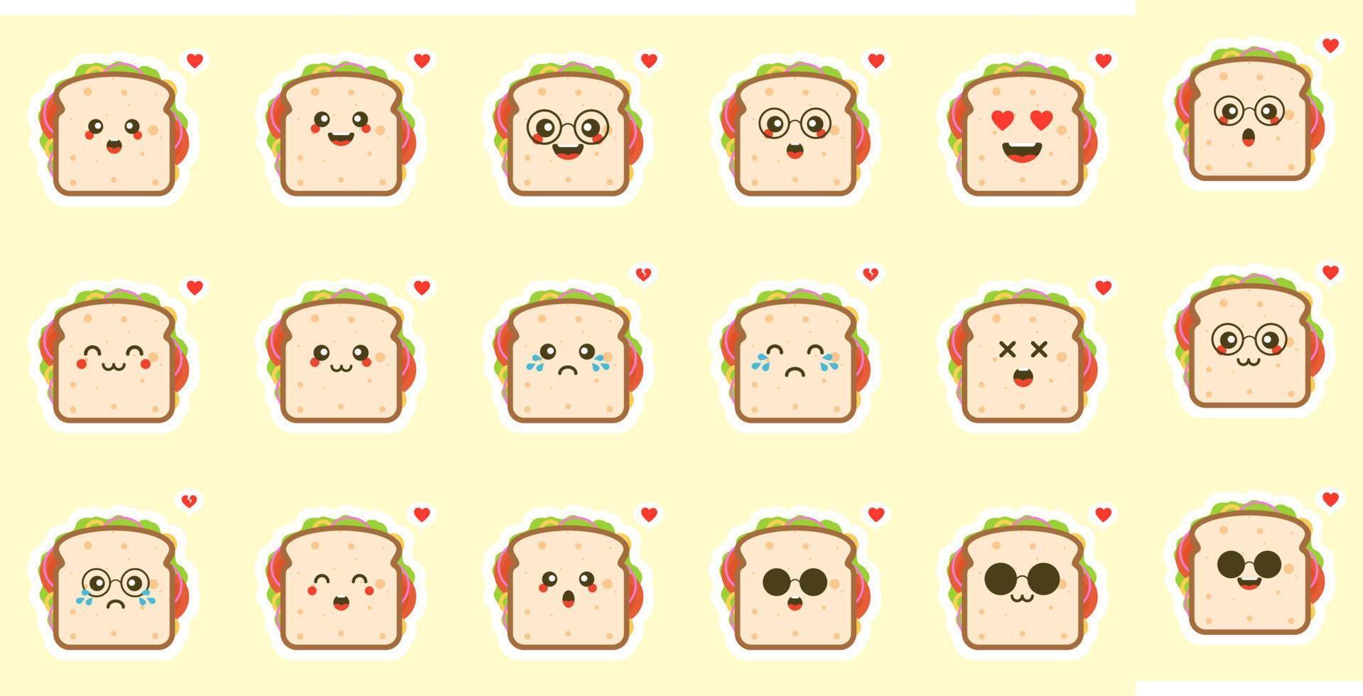 set di caratteri sandwich carino e kawaii, personaggi alimentari con facce buffe e diverse emozioni illustrazione vettoriale. può essere utilizzato per logo, colazione, elemento pasto, ristorante, culinario, resto, panetteria, vettore