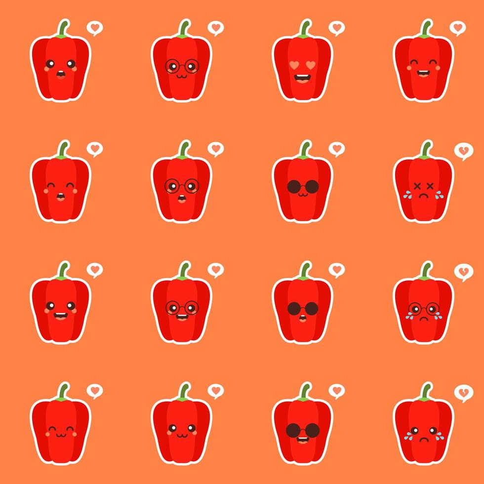 paprika rossa carina e kawaii. concetto di cibo sano. peperone con emoticon emoji. personaggi dei cartoni animati per bambini libro da colorare, pagine da colorare, stampa t-shirt, icona, logo, etichetta, toppa, adesivo, vegano vettore