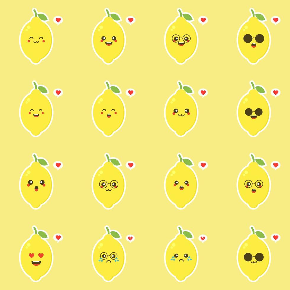 set di simpatici e divertenti personaggi di limone con diverse espressioni facciali. fumetto illustrazione vettoriale isolato su sfondo bianco. set di personaggi kawaii limone, mascotte, emoticon.