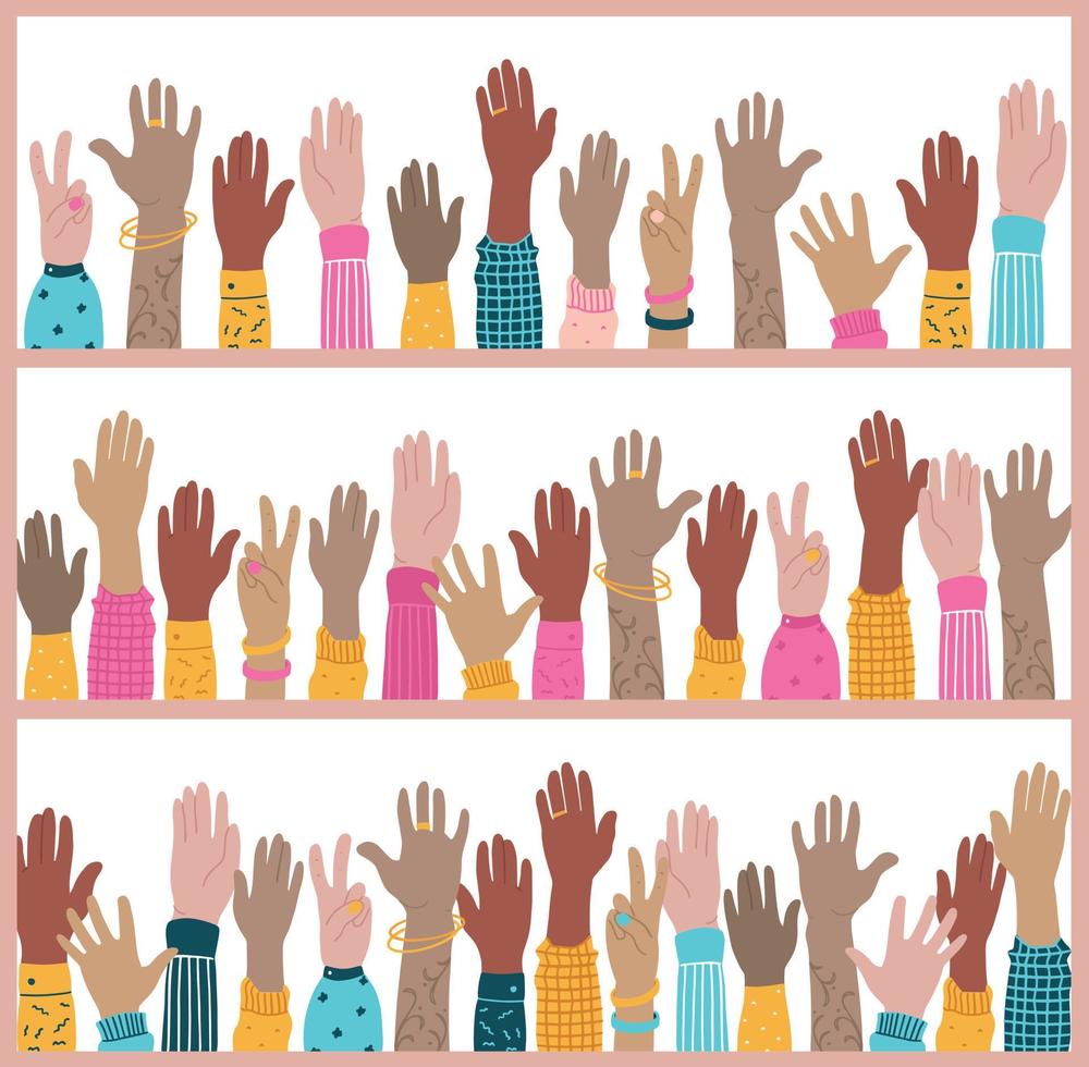 set di tre striscioni con le mani alzate delle persone. tema della diversità, del voto, dell'incontro, della protesta, dell'evento sociale. buono per poster, stampe, cartoline, adesivi, ecc. eps 10 vettore