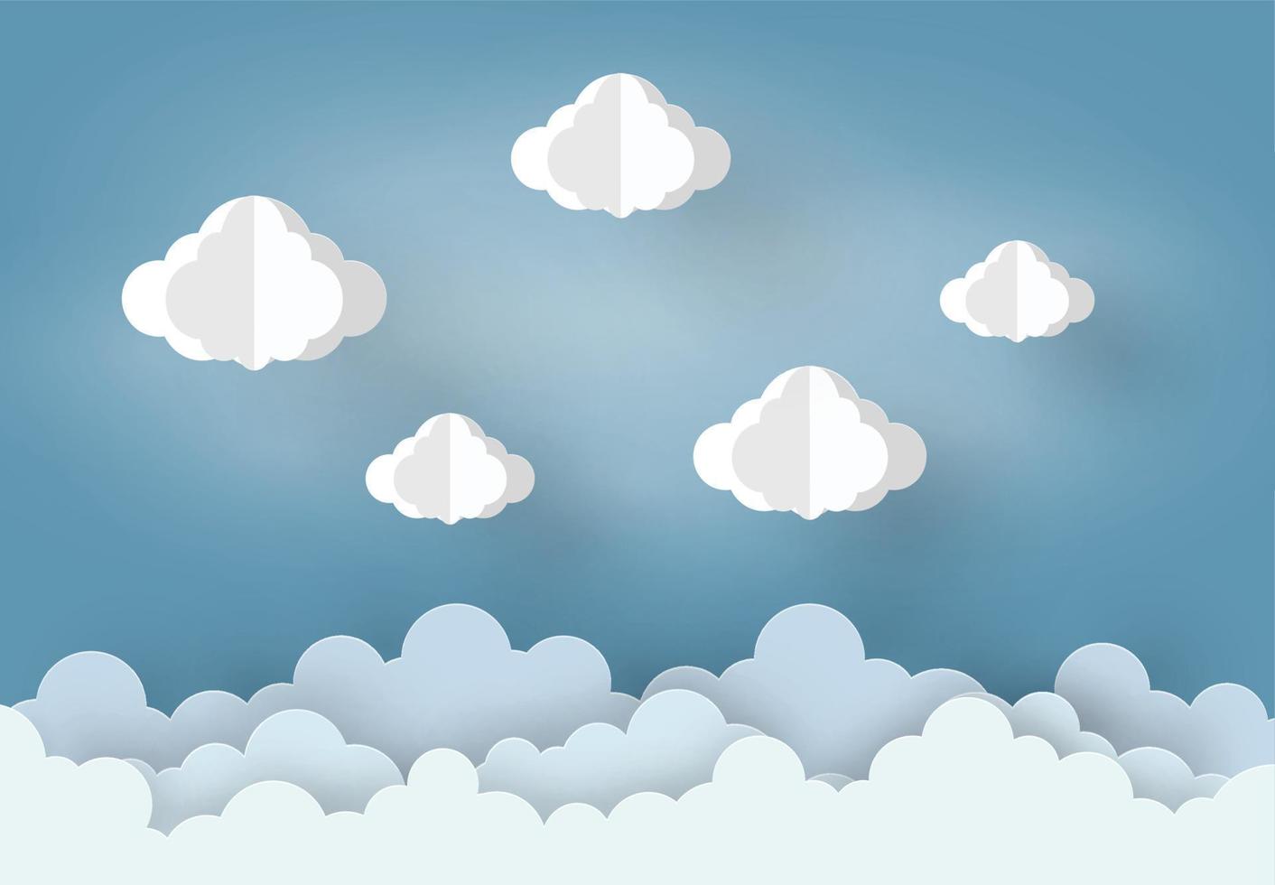 stile mobile di design di arte della carta il concetto è stagione delle piogge, nuvola e su sfondo blu cielo, illustrazione dell'elemento di design vettoriale
