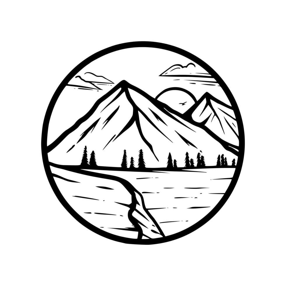 vista montagna disegnata a mano, logo emblema. vettore