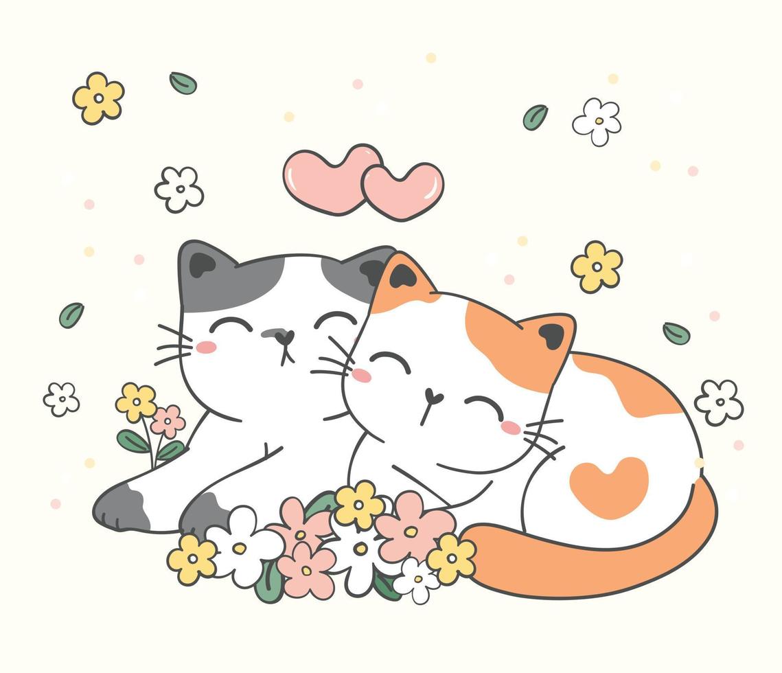 biglietto di auguri per animali domestici, due amanti delle coppie carino gattino felice sedersi nel giardino fiorito insieme cartone animato disegno vettoriale doodle, benvenuta primavera