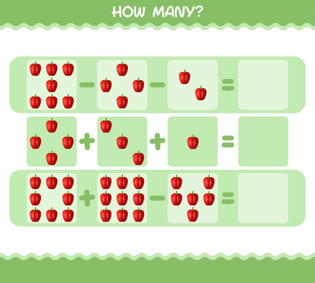 quanti peperoni dei cartoni animati. gioco di conteggio gioco educativo per bambini e bambini in età prescolare vettore