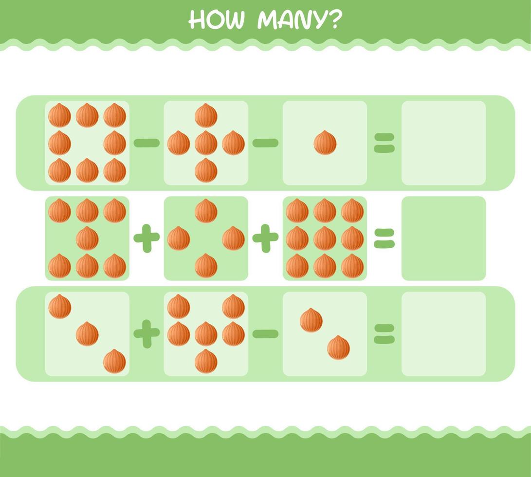 quante cipolle dei cartoni animati. gioco di conteggio gioco educativo per bambini e bambini in età prescolare vettore
