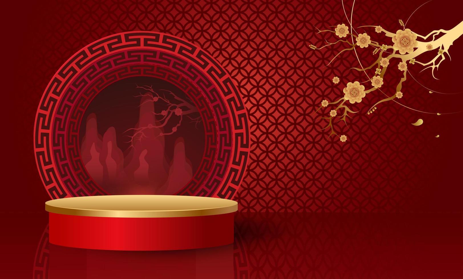 podio e sfondo per il capodanno cinese, feste cinesi, festival di metà autunno, elementi floreali ed asiatici sullo sfondo. vettore
