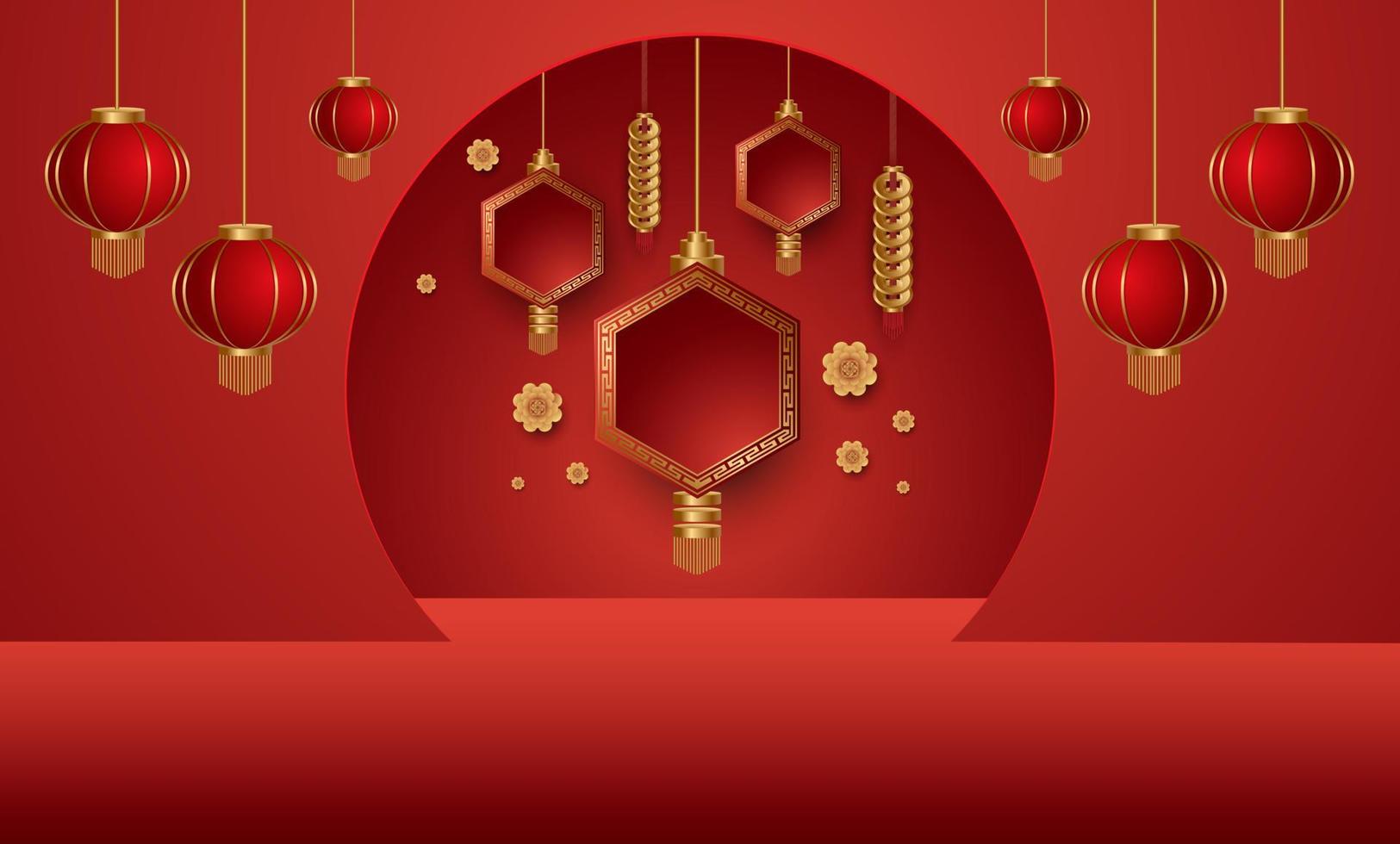 podio e sfondo per il capodanno cinese, feste cinesi, festival di metà autunno, elementi floreali ed asiatici sullo sfondo. vettore