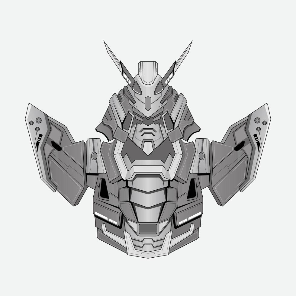 contorno disegnato a mano robot cavaliere guerriero cyborg sullo sfondo, perfetto per il design di t-shirt, adesivi, poster, merchandising e logo e-sport vettore