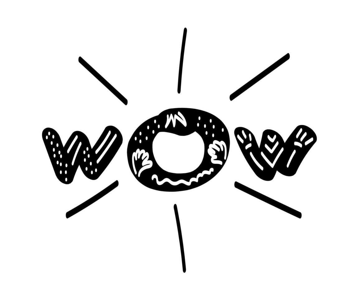 wow iscrizione. parola di design disegnata a mano per carta, stampa, poster, emblema, tessuto, stoffa, carta. illustrazione vettoriale