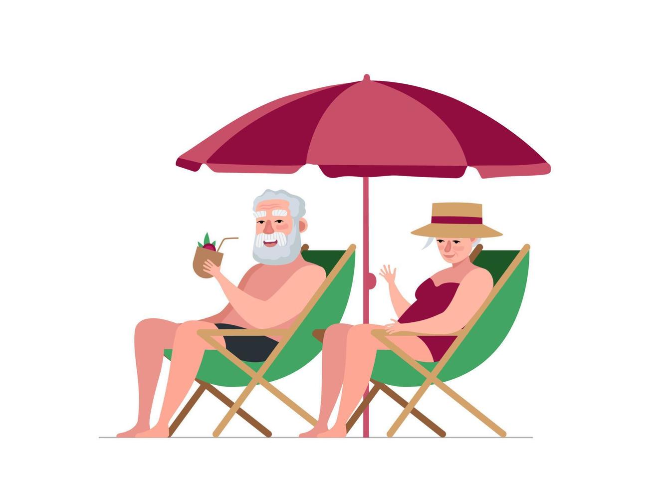 coppia di anziani nonni in pensione attività estiva. gli anziani sui lettini bevono cocktail e si rilassano sulla spiaggia del mare. le persone anziane prendono il sole insieme durante il viaggio. relazioni di svago in pensione. vettore