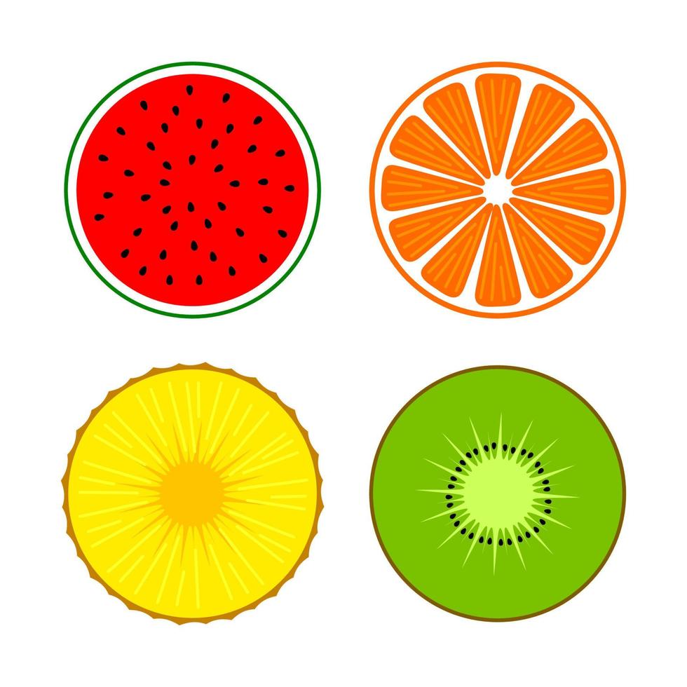 set di metà di frutta in cerchio su bianco. fette di ananas, kiwi, arancia, anguria. icone vettoriali. vettore