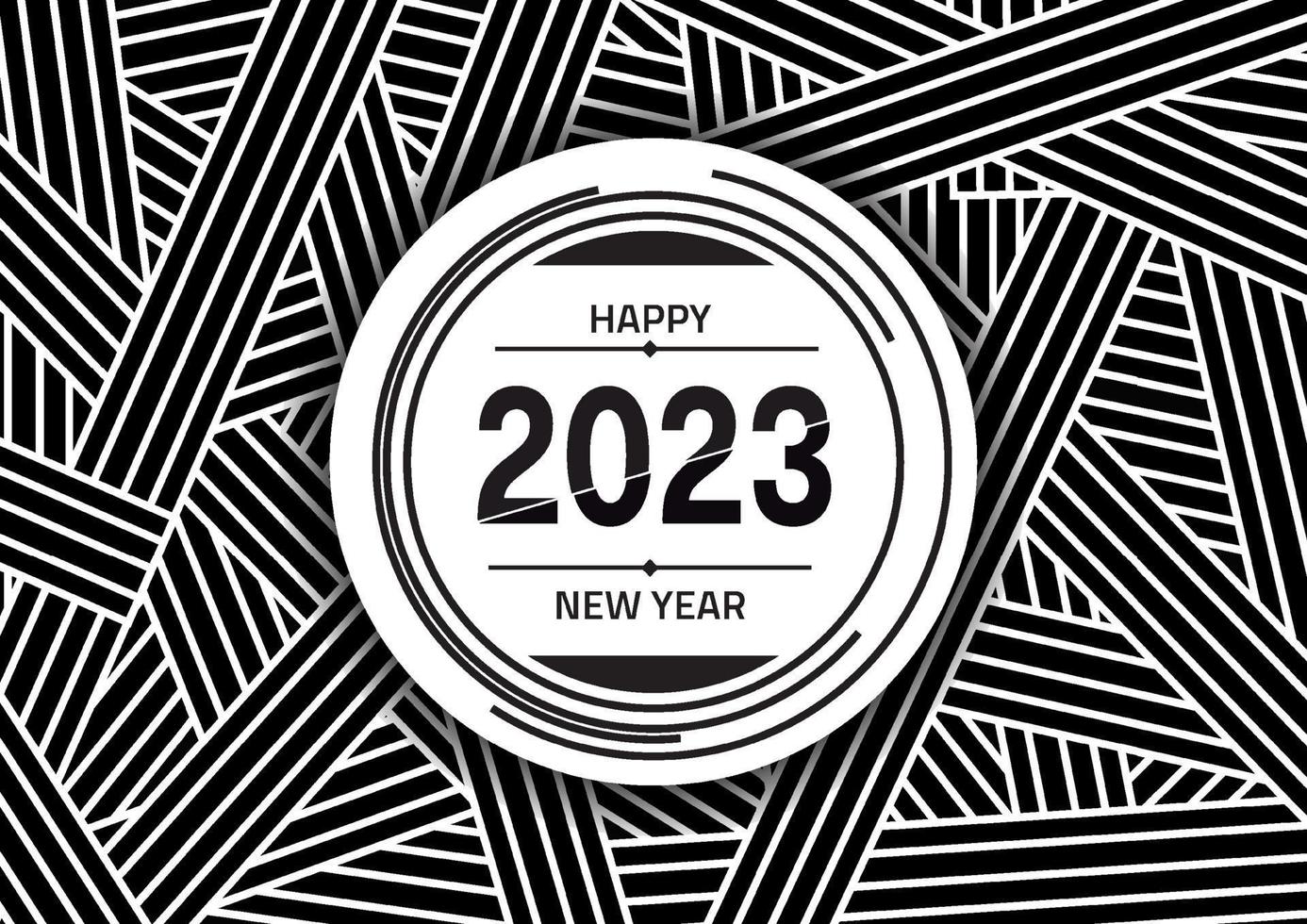 tipografia astratta di linee nere 2023. carta di felice anno nuovo. linea fluidifica. strisce bianche e nere linea liscia. Illusione Ottica. prospettiva, strisce curve vettore
