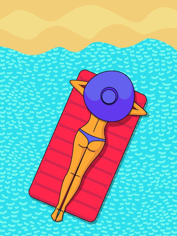 giovane ragazza in bikini e cappello si trova sul materasso in mare vicino alla spiaggia. manifesto estivo. estate vettore
