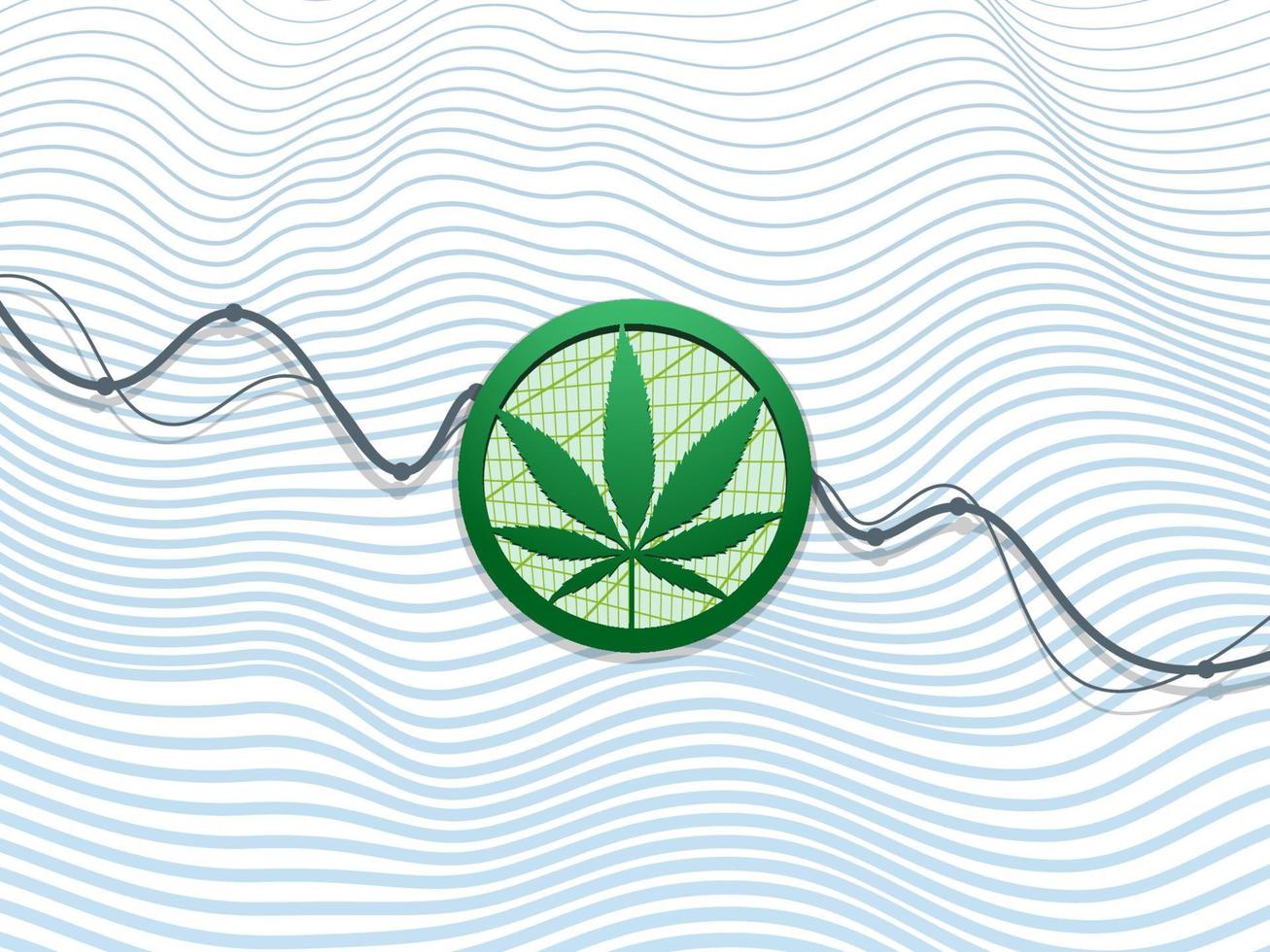 foglia di canapa verde in cerchio in mezzo a un grafico finanziario in caduta. sfondo bianco. argomento di affari e icona della medicina vettore